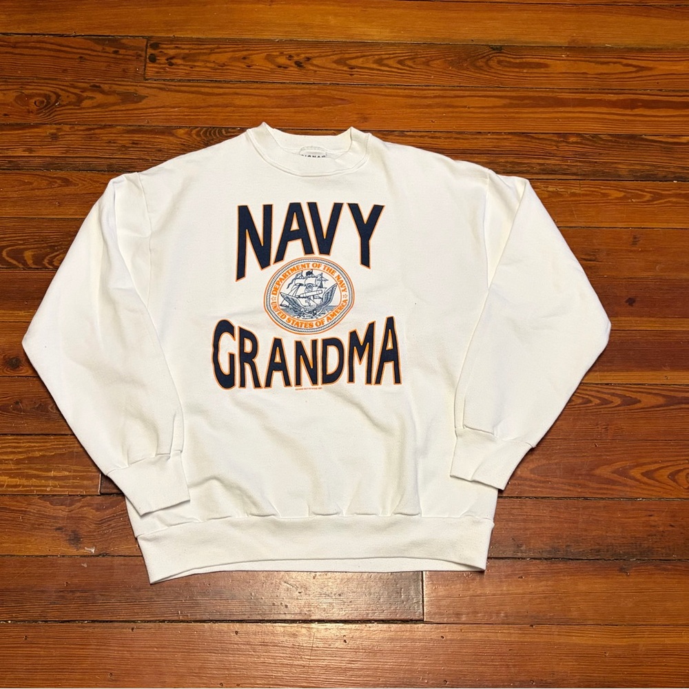 Vintage White Navy Grandma Sweater Sz XL White